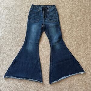 Grace in LA High Waisted Medium To Dark Wash Super Flare Bell Bottoms Boho (28)